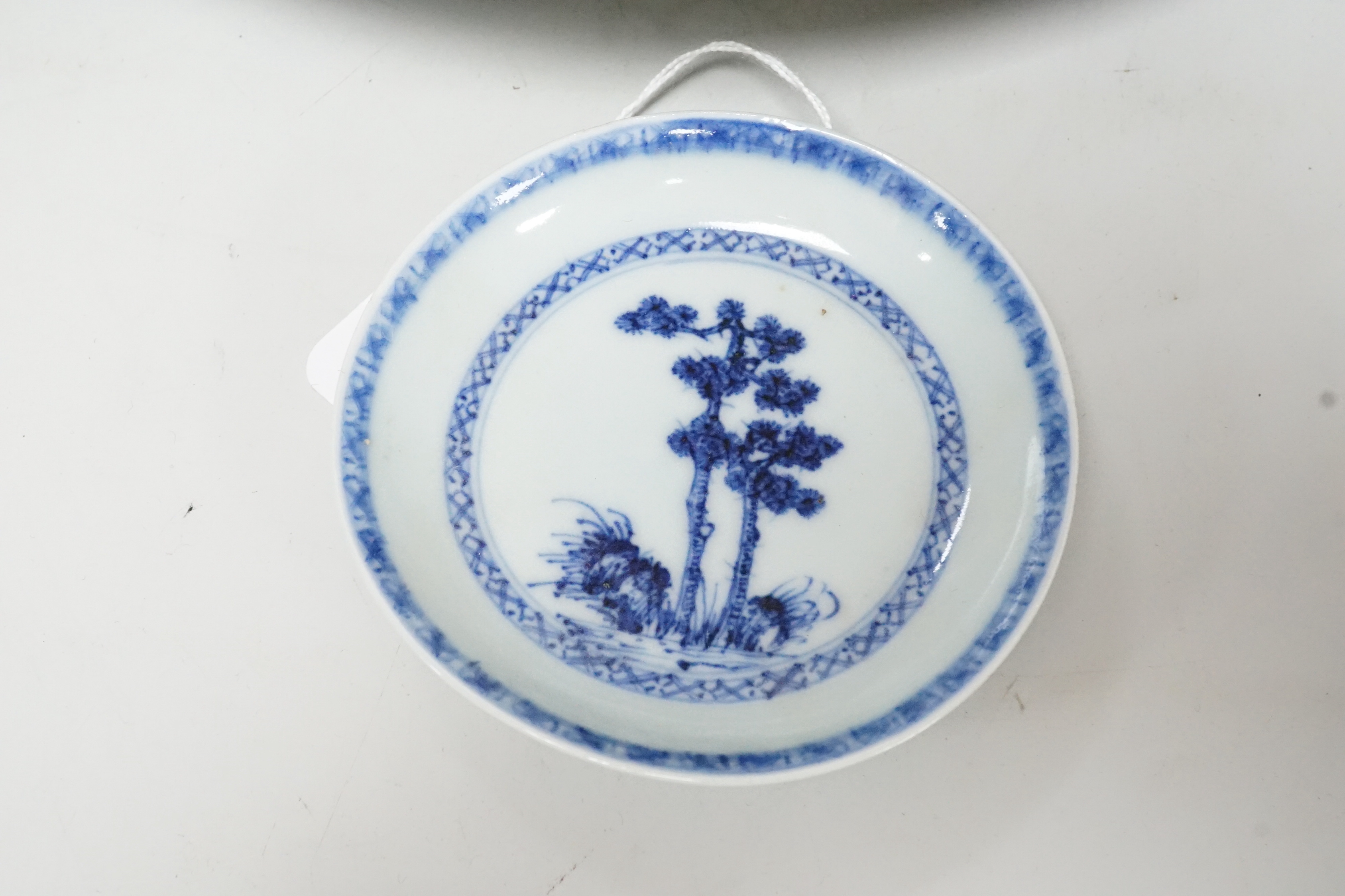 A small Nanking Cargo teabowl and saucer, and other 18th/19th century Chinese blue and white ceramics, tallest 21cm